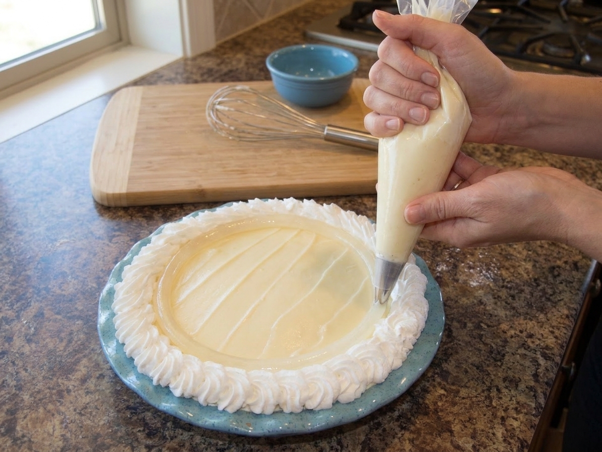 Hands piping a thin ring of pale vanilla gel around the edge of a chilled cream pie on a wooden table, natural window light