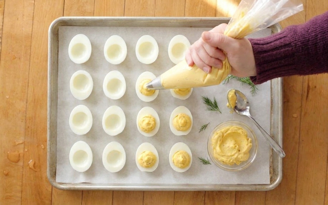Hands piping creamy deviled egg filling into egg white halves arranged on a parchment-lined tray