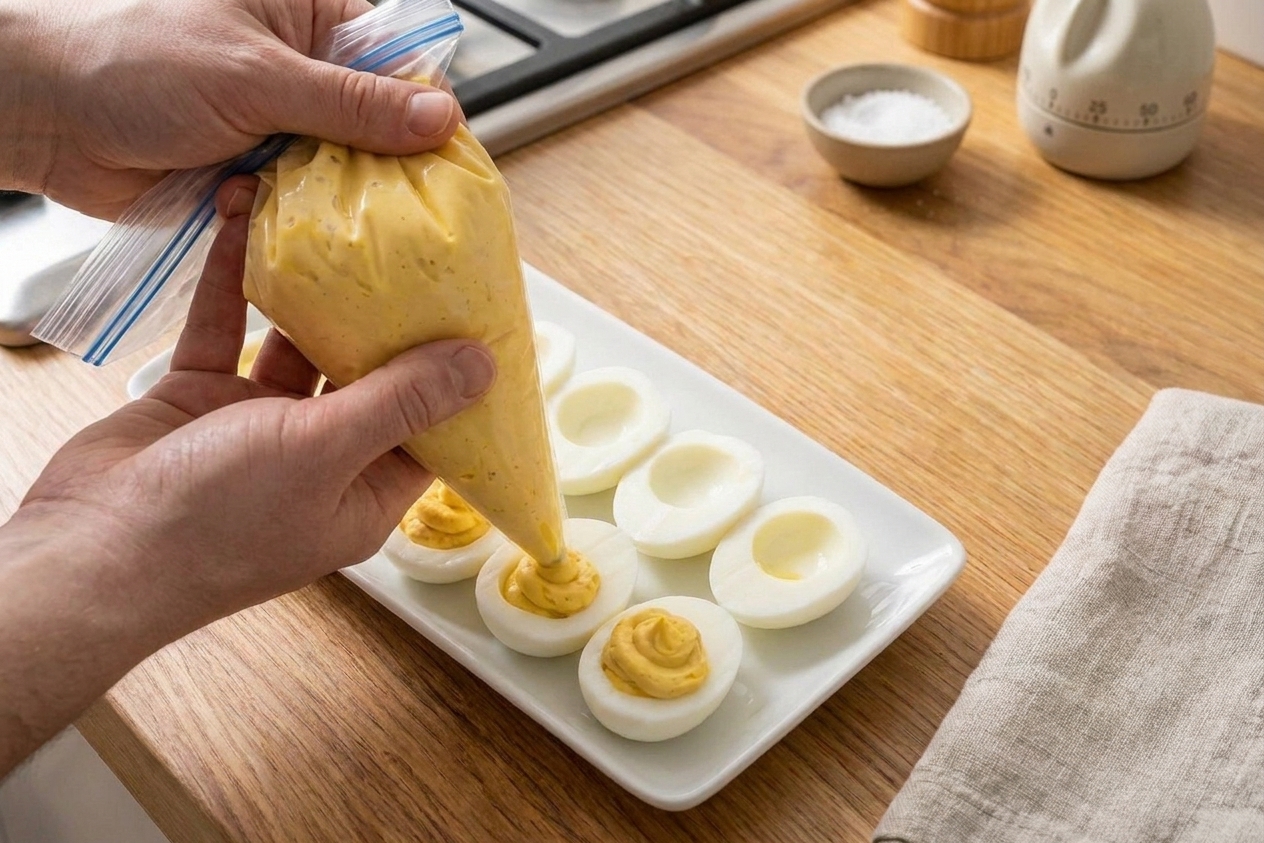 Hands piping creamy yolk filling into egg white halves using a zip-top bag