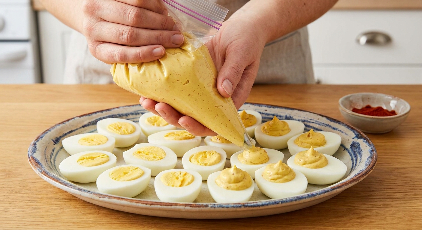 Hands piping deviled egg filling from a zip-top bag into egg white halves on a serving plate