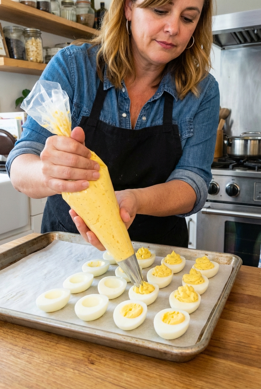 Hands piping deviled egg filling into halved egg whites on a baking sheet