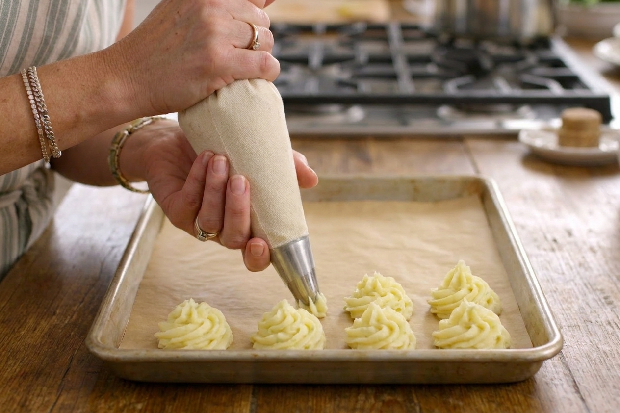 Hands piping duchess potato rosettes with a star tip onto a parchment-lined baking sheet on a kitchen counter