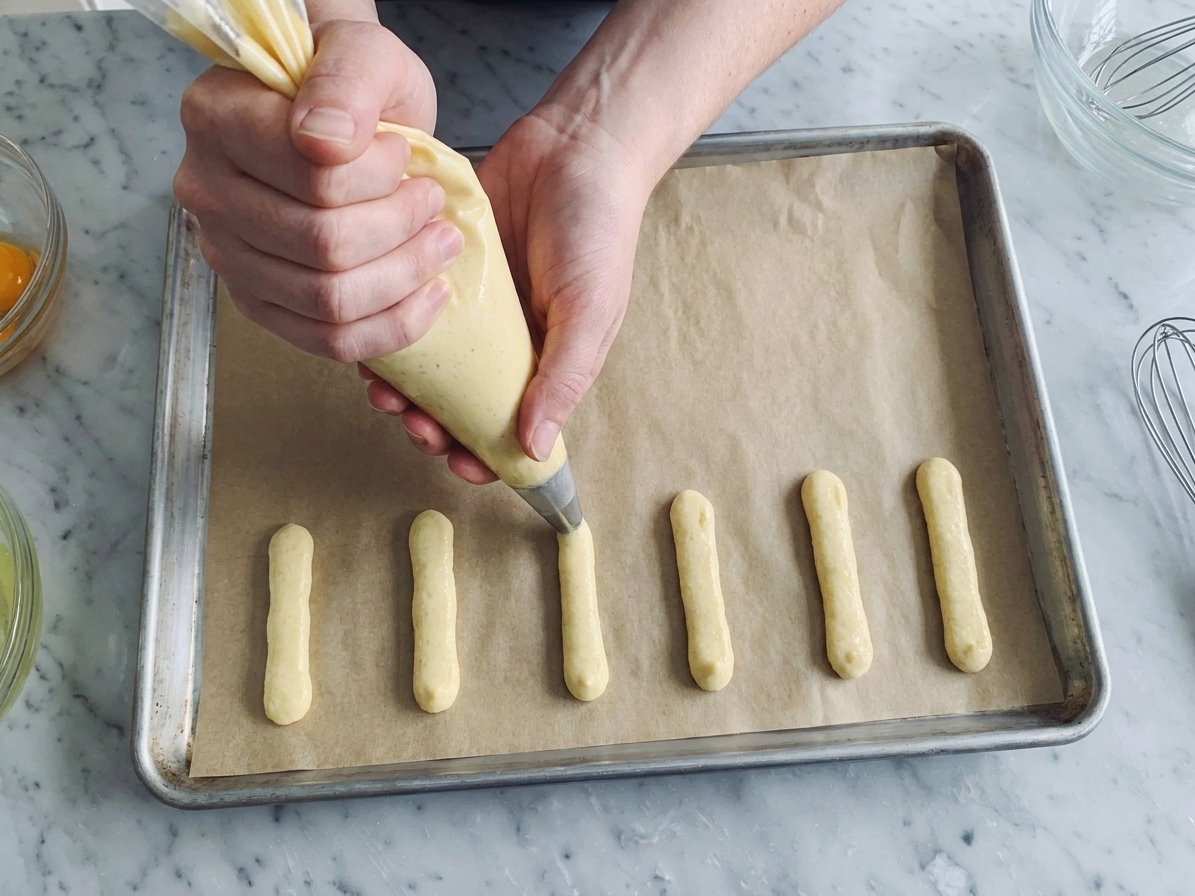 Hands piping ladyfinger batter into straight strips on a parchment-lined baking sheet in a home kitchen