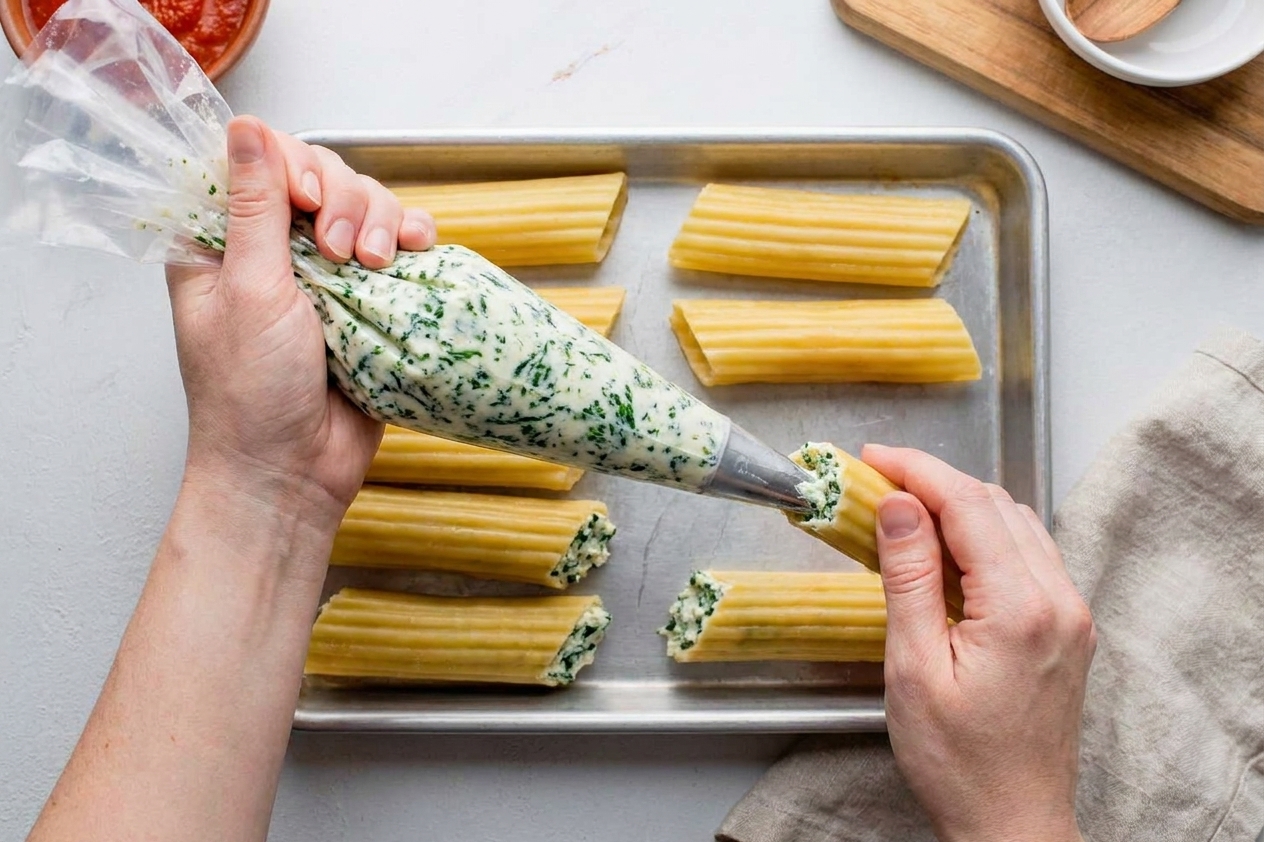 Hands piping ricotta spinach filling into a cooked manicotti shell on a sheet pan in a home kitchen