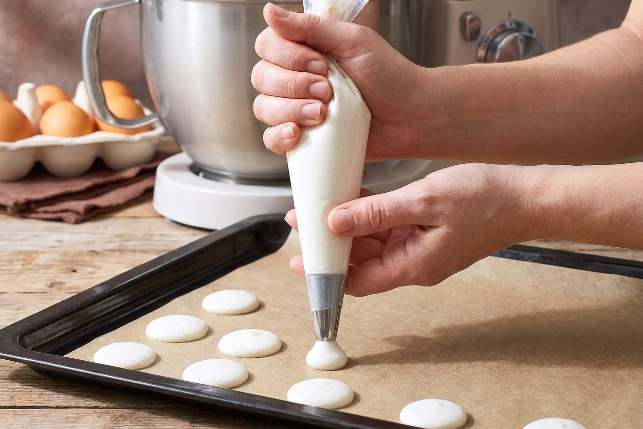 Hands piping small round macaron batter circles onto a parchment-lined baking sheet on a kitchen counter