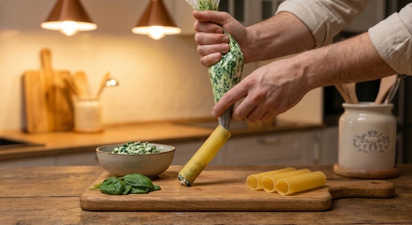 Hands piping spinach ricotta filling into a dry cannelloni tube over a cutting board on a home kitchen counter