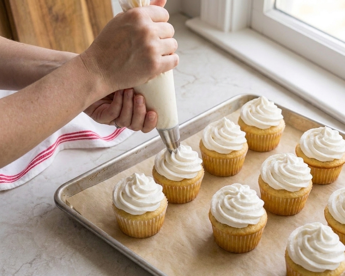 Hands piping tall swirls of whipped frosting onto vanilla cupcakes on a parchment-lined baking sheet