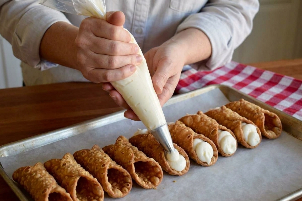 Hands piping thick cannoli cream into crisp cannoli shells on a parchment-lined tray