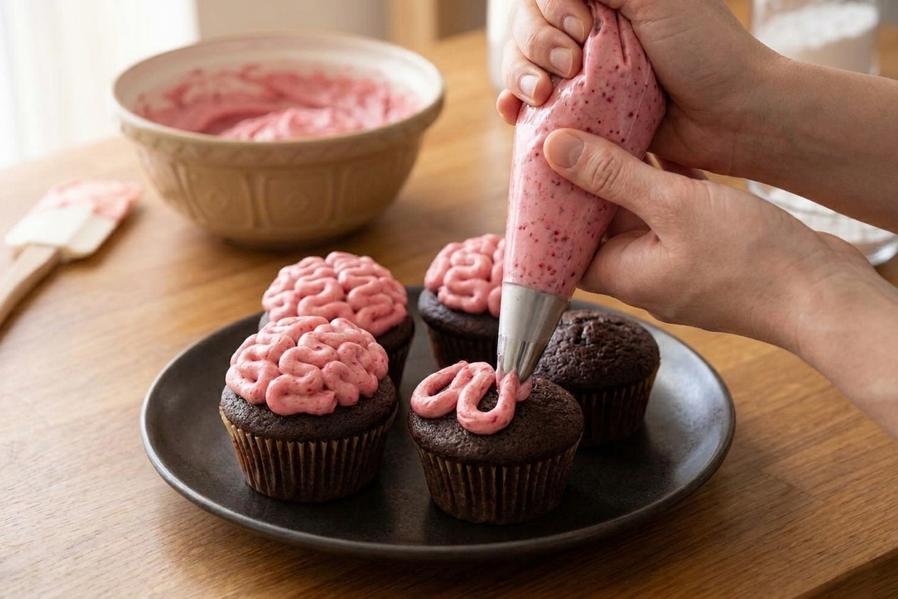Hands piping thick pink frosting in looping squiggles on top of chocolate cupcakes to resemble brains