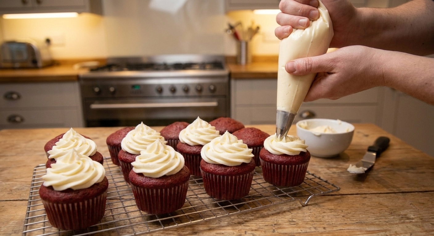 Hands piping thick swirls of cream cheese frosting onto red velvet cupcakes on a kitchen counter