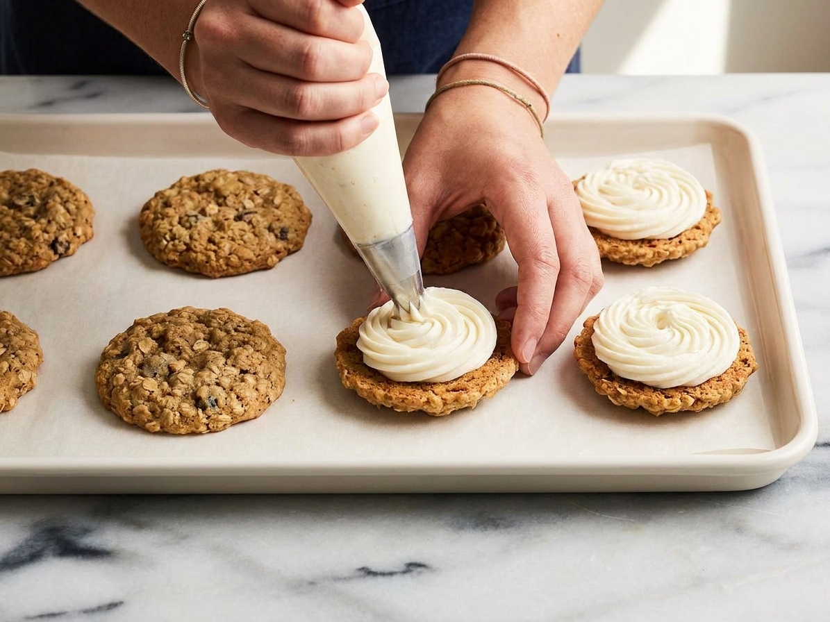 Hands piping vanilla cream filling onto the flat side of a cooled oatmeal cookie on a parchment-lined baking sheet