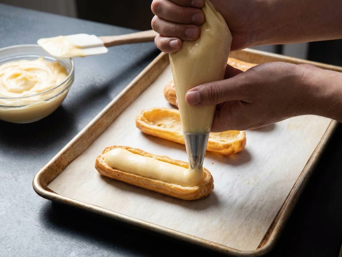 Hands piping vanilla pastry cream into a cooled choux éclair shell using a pastry bag on a parchment-lined baking sheet