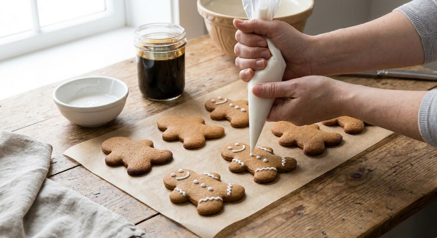 Hands piping white icing onto cooled gingerbread man cookies on parchment paper on a kitchen counter