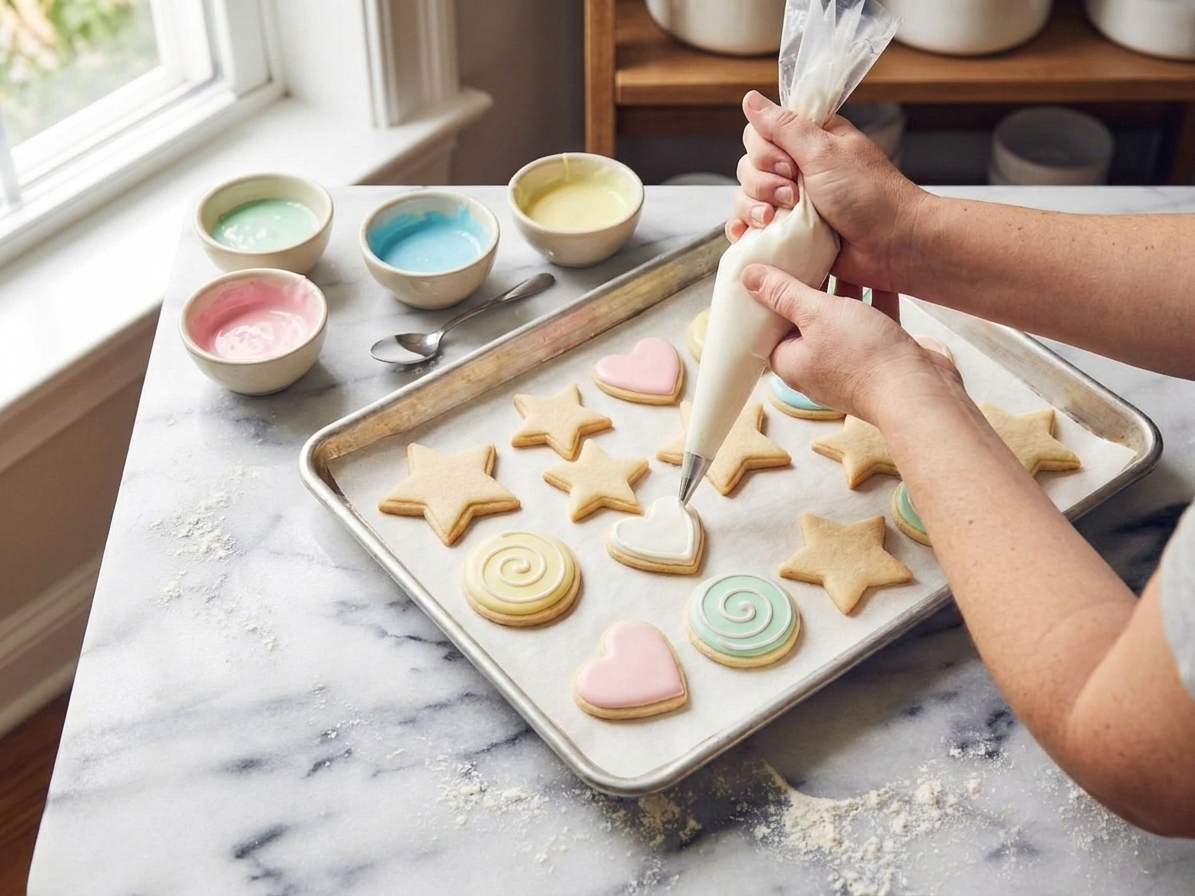 Hands piping white royal icing onto cooled sugar cookie cutouts on a parchment-lined counter with small bowls of colored icing nearby