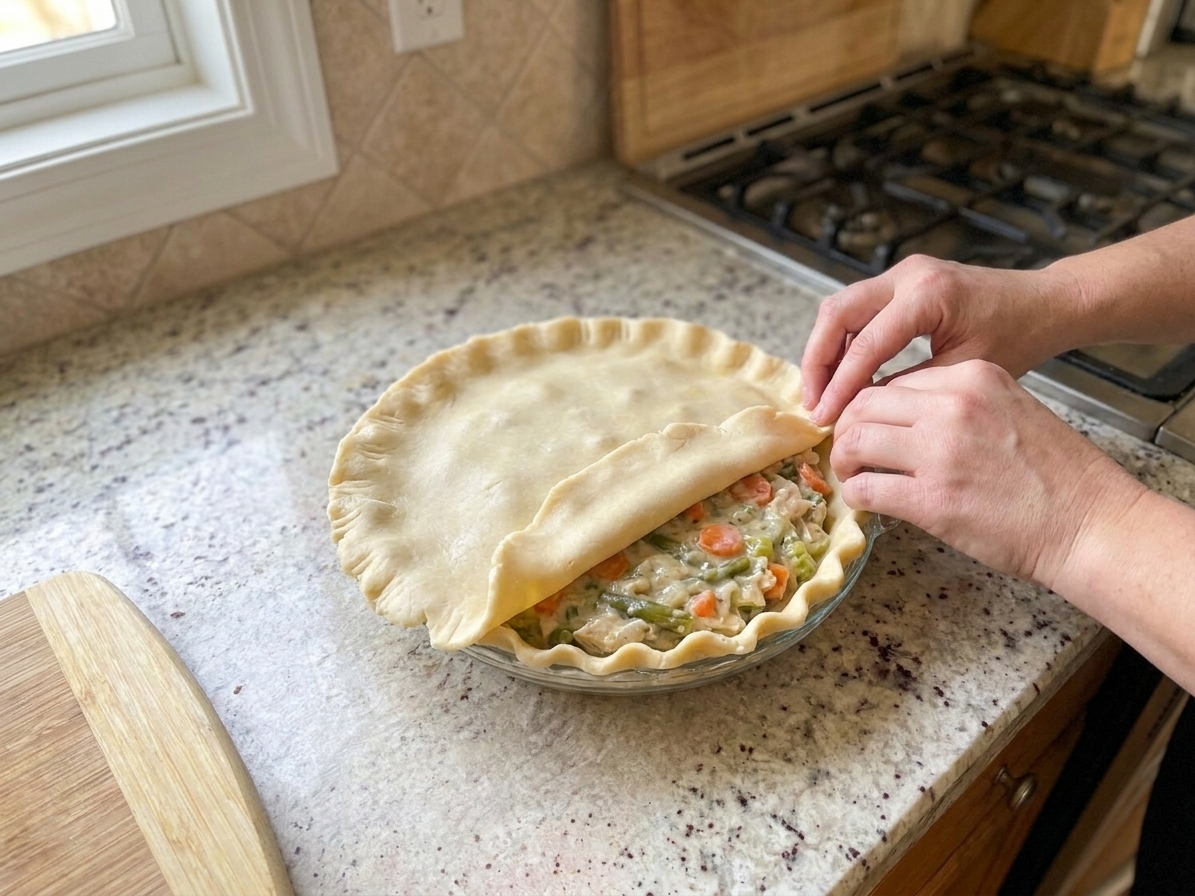 Hands placing a sheet of pie crust over a filled pie dish with creamy chicken and vegetables, crimping the edges with fingers