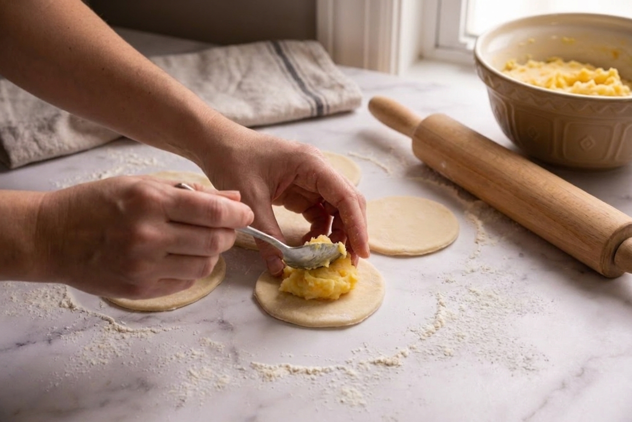 Hands placing a spoonful of potato filling onto rolled dough circles on a floured countertop