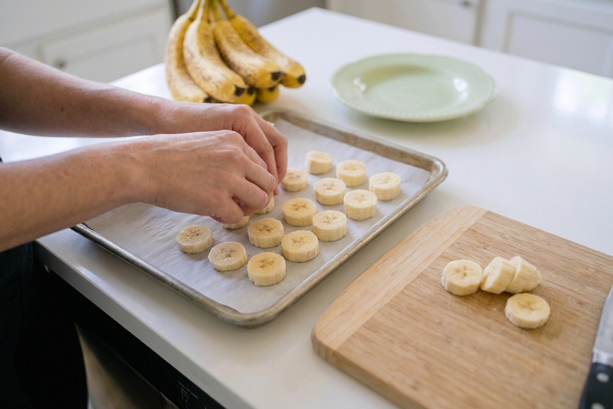 Hands placing banana slices in a single layer on a parchment-lined tray in a home kitchen