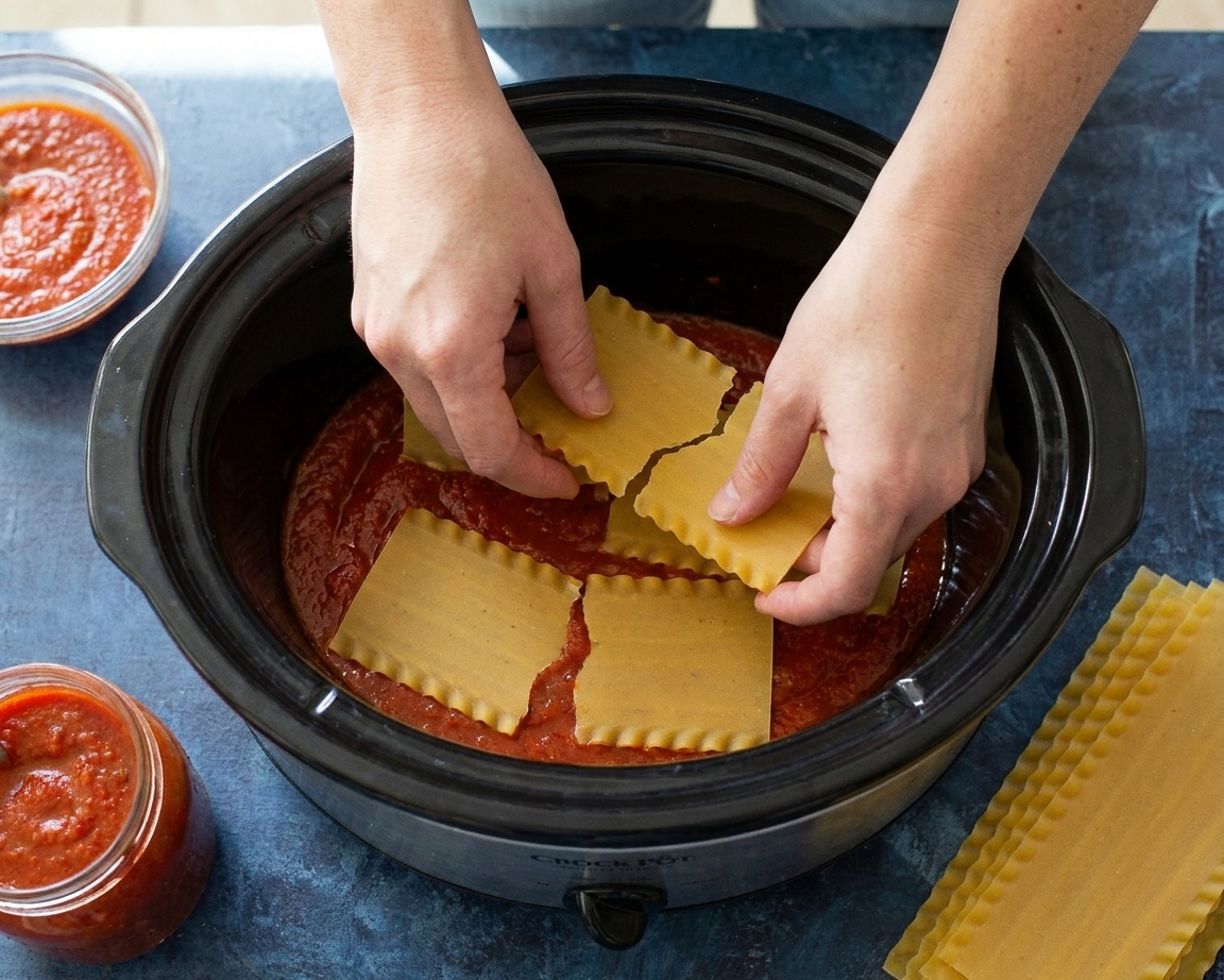 Hands placing broken lasagna noodles into a slow cooker over a layer of red sauce, preparing the next lasagna layer