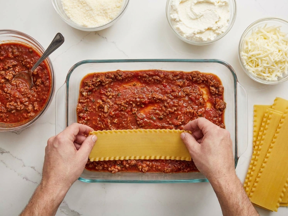 Hands placing no-boil lasagna noodles into a baking dish with red sauce already spread on the bottom, kitchen counter in warm light
