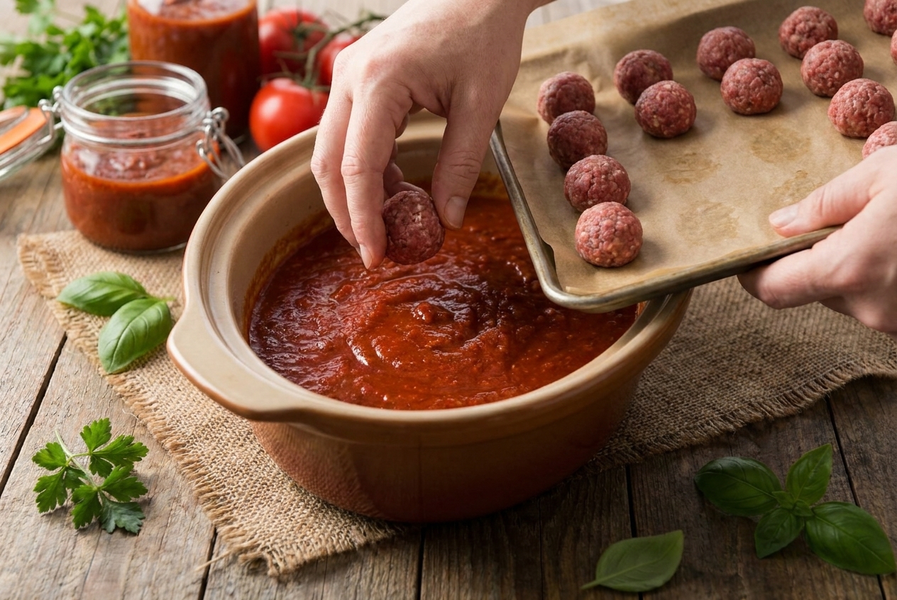 Hands placing raw meatballs into a slow cooker filled with marinara sauce