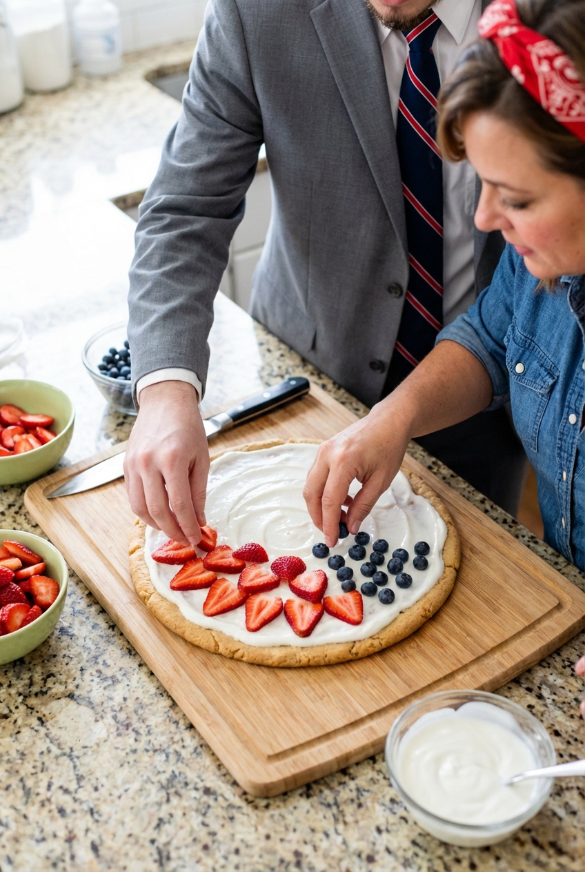 Hands placing sliced strawberries and blueberries onto a yogurt-covered fruit pizza crust on a kitchen counter