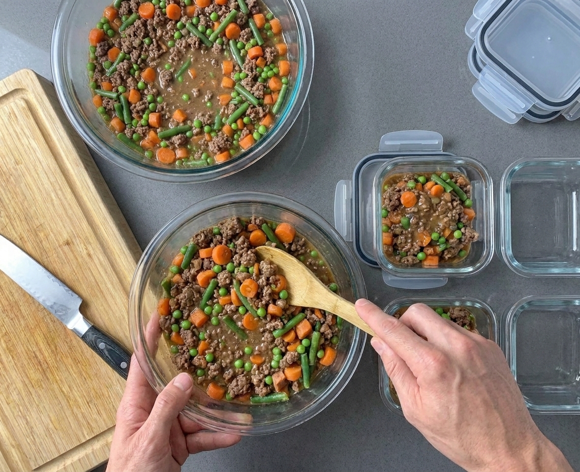 Hands portioning cooled beef and vegetable topper into small airtight containers on a clean kitchen counter