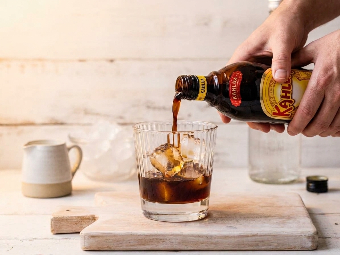 Hands pouring Kahlua into a rocks glass filled with large ice cubes on a kitchen counter