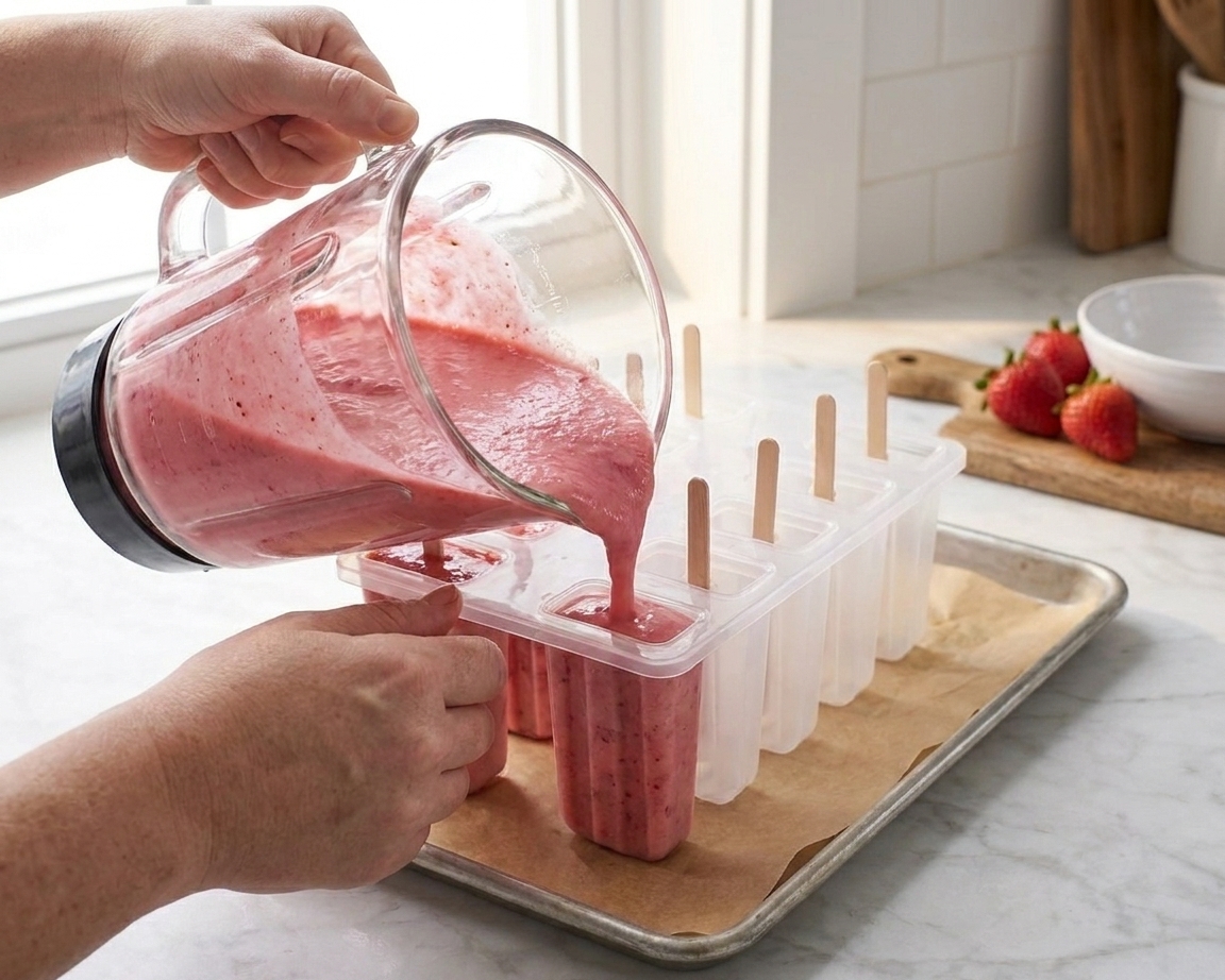 Hands pouring a pink strawberry yogurt mixture from a blender into reusable popsicle molds on a kitchen counter