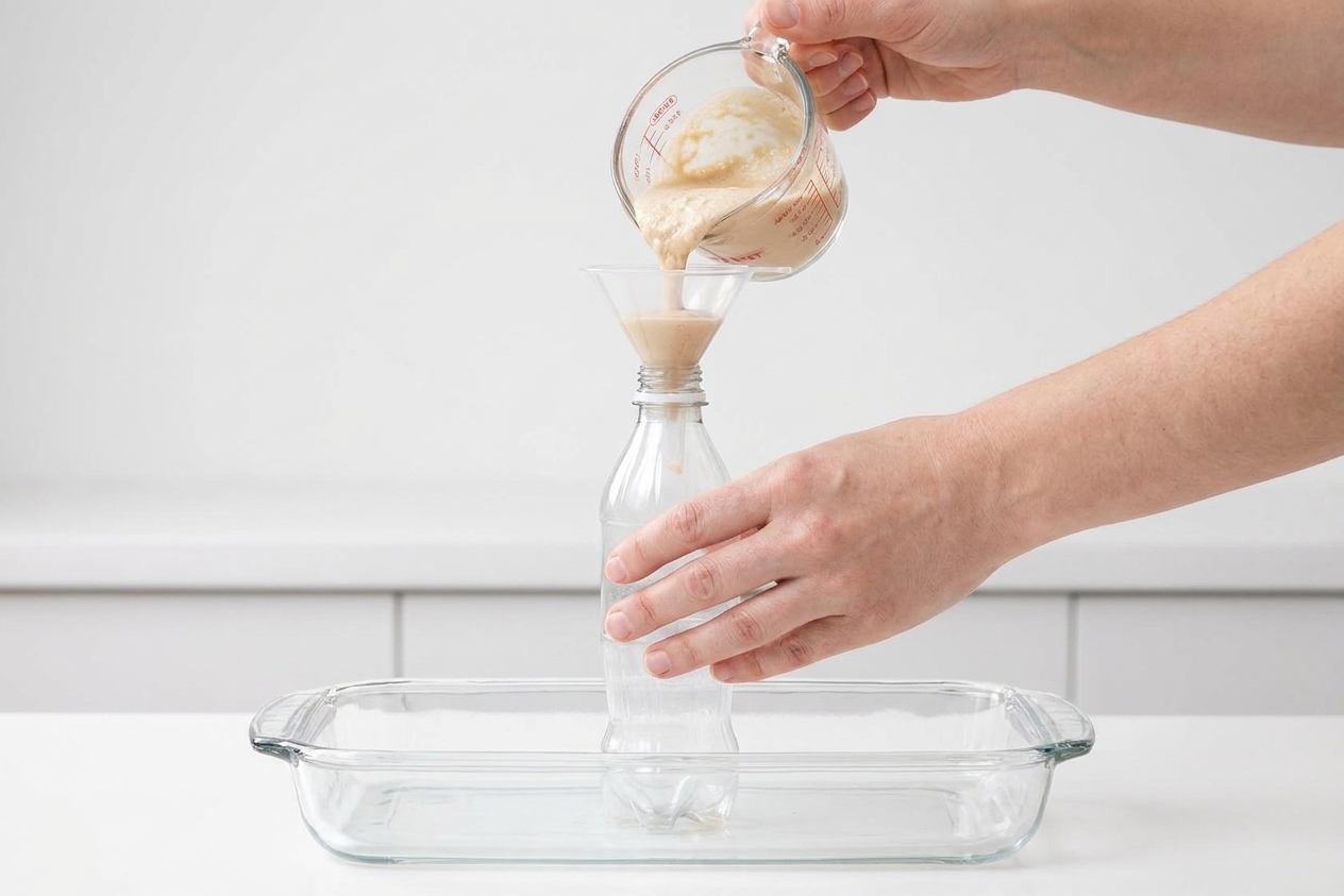 Hands pouring a small cup of activated yeast mixture into a plastic bottle using a funnel on a kitchen counter