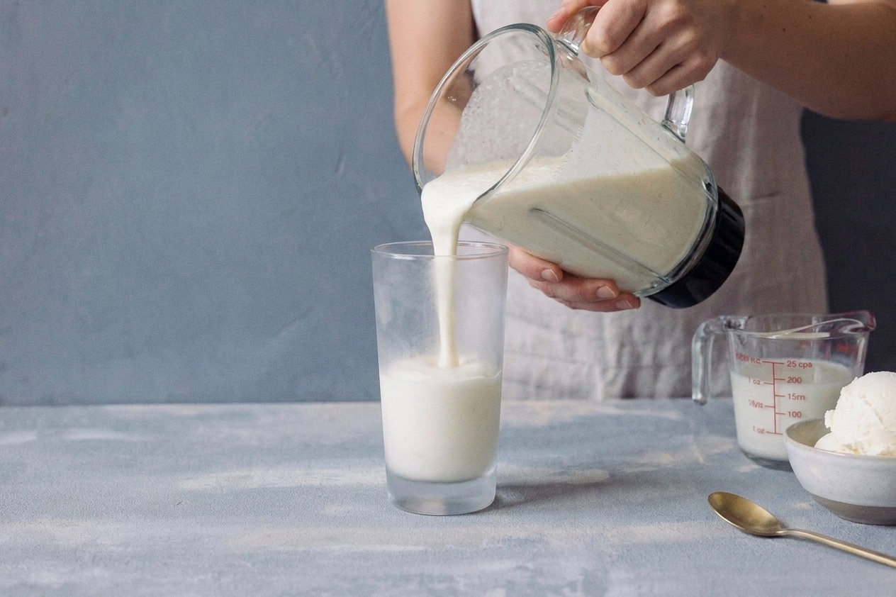 Hands pouring a thick vanilla milkshake from a blender jar into a chilled tall glass on a kitchen counter