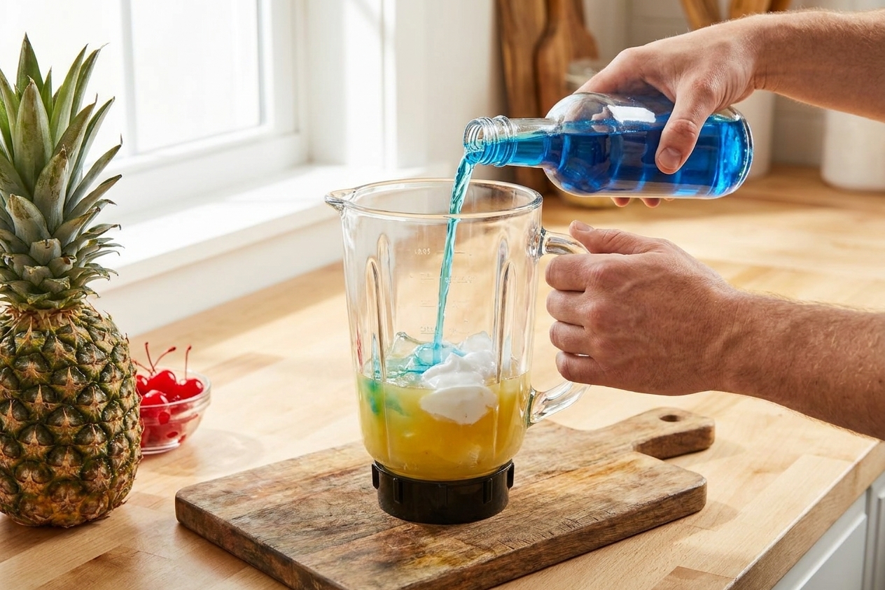 Hands pouring blue curaçao into a blender jar with pineapple juice and cream of coconut on a kitchen counter