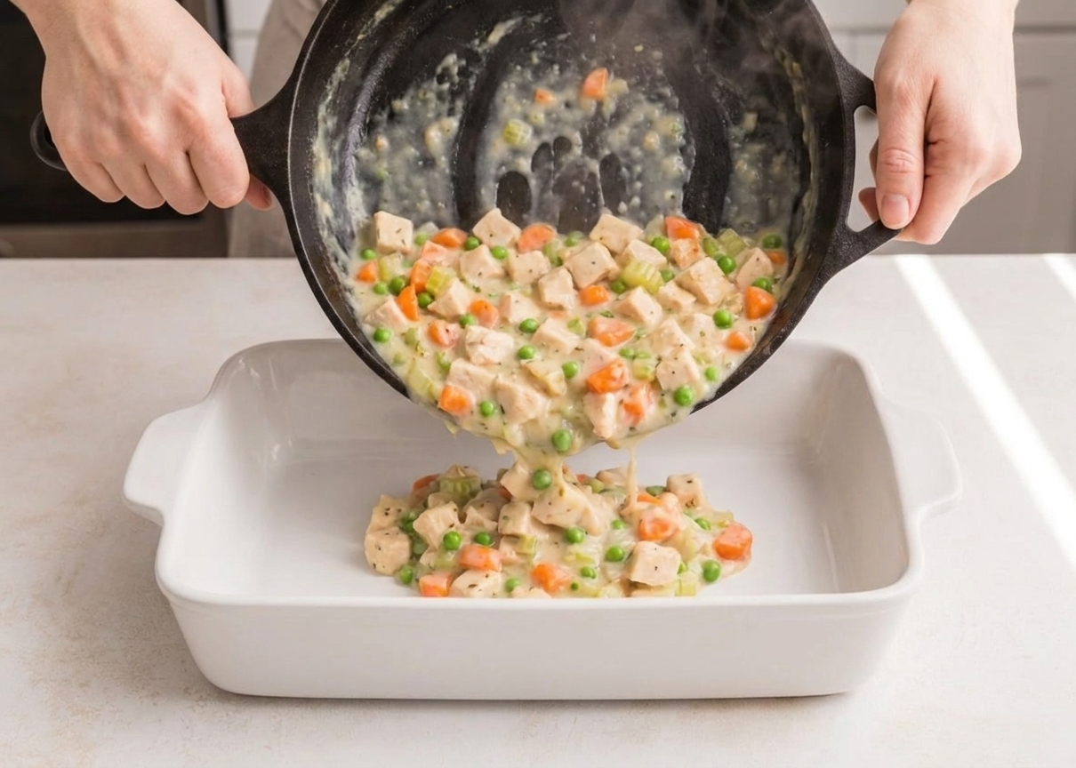 Hands pouring creamy chicken and vegetable filling from a skillet into a white ceramic baking dish on a kitchen counter