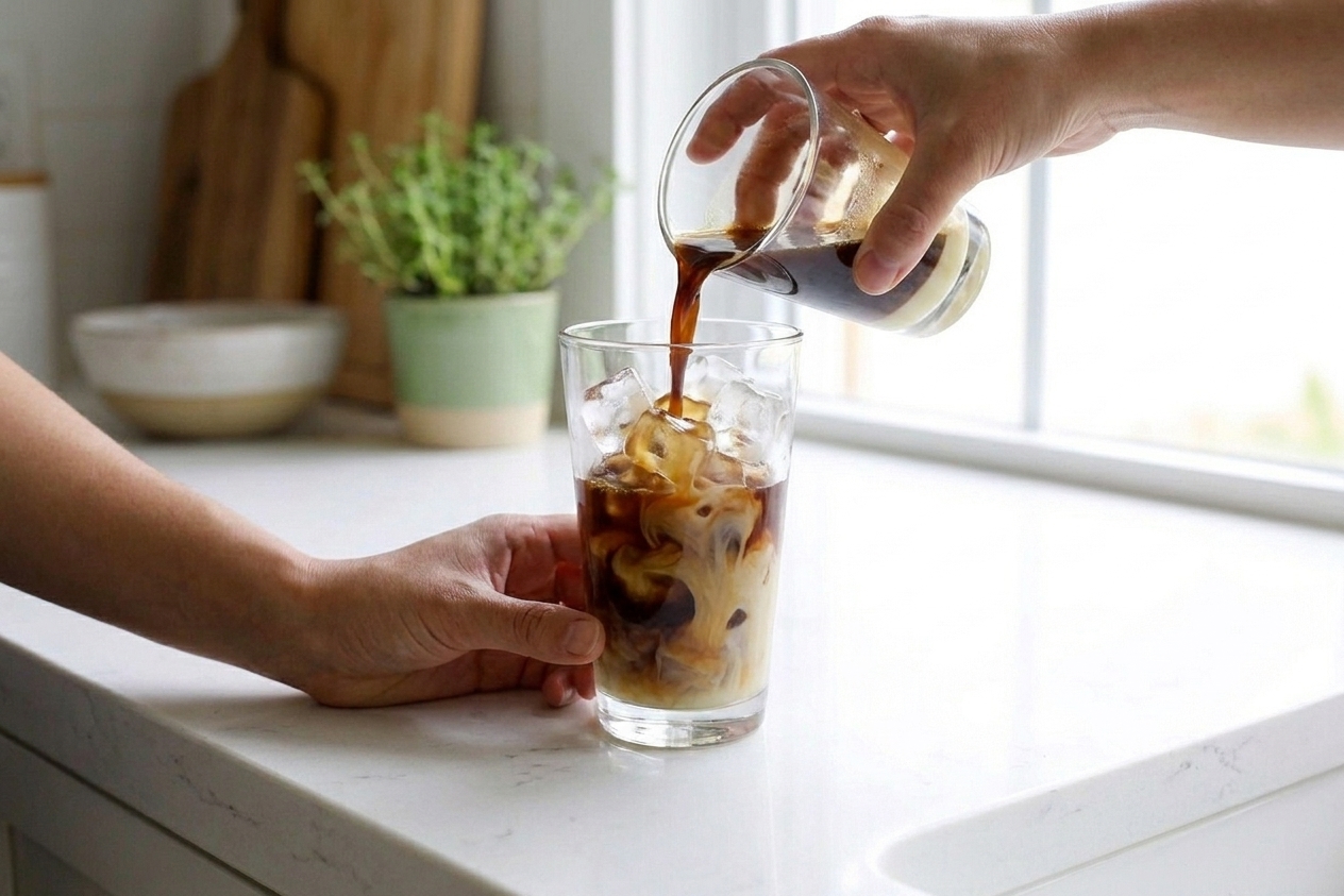 Hands pouring dark Vietnamese coffee mixed with condensed milk over a glass packed with ice on a clean kitchen counter