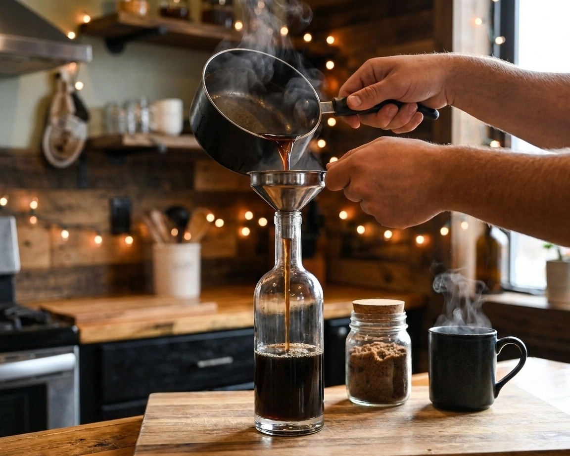 Hands pouring dark coffee liqueur through a funnel into a glass bottle on a kitchen counter