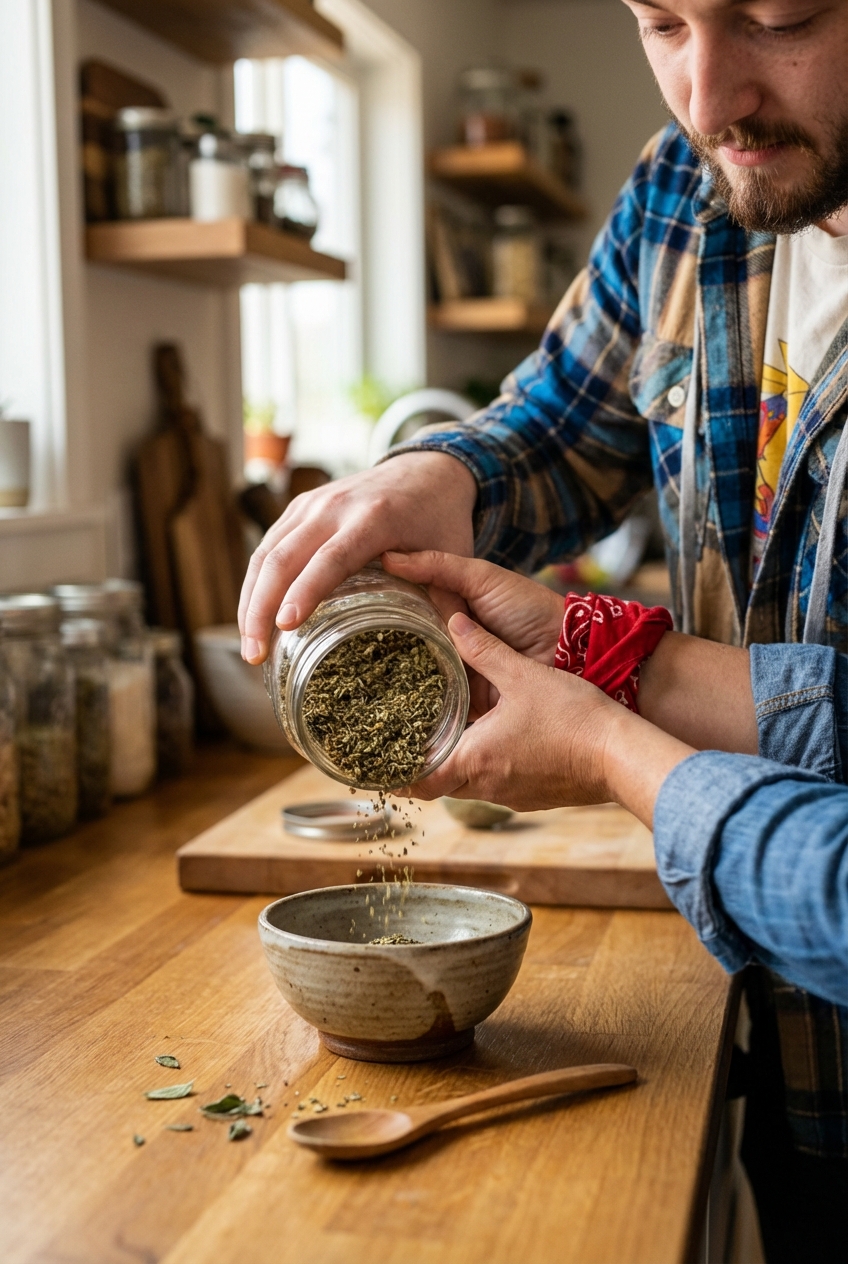 Hands pouring dried herbs into a small bowl on a countertop