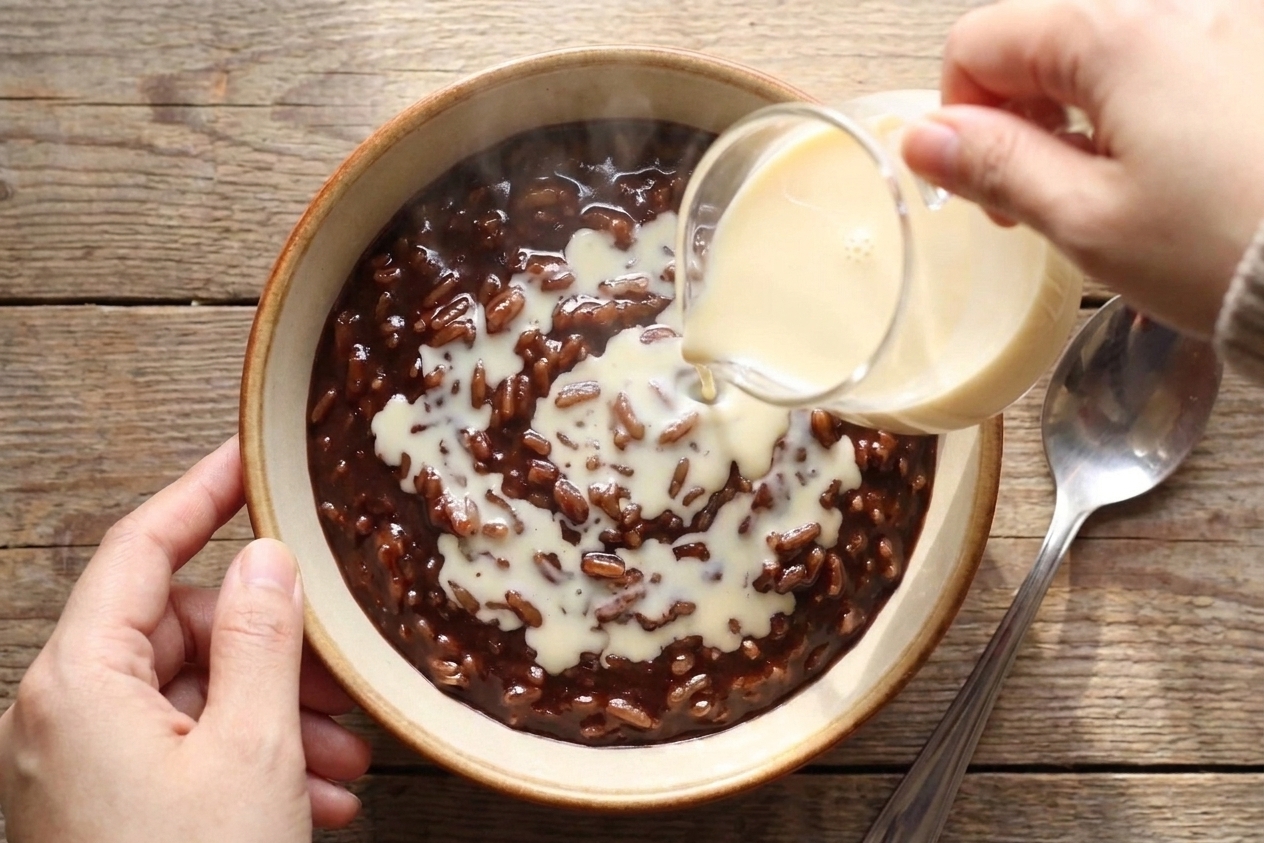 Hands pouring evaporated milk into a steaming bowl of champorado on a kitchen counter with a spoon ready for stirring