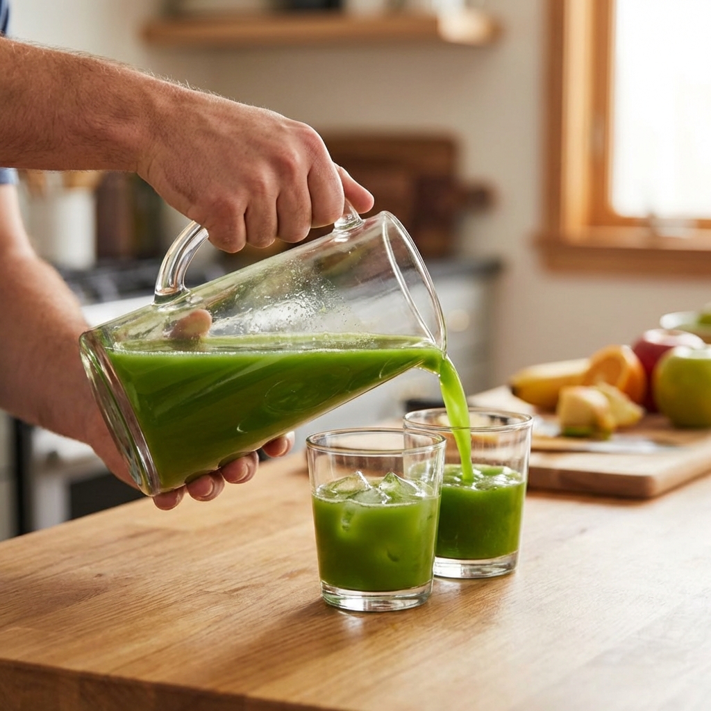 Hands pouring freshly juiced green juice from a glass pitcher into two short glasses with ice on a kitchen counter