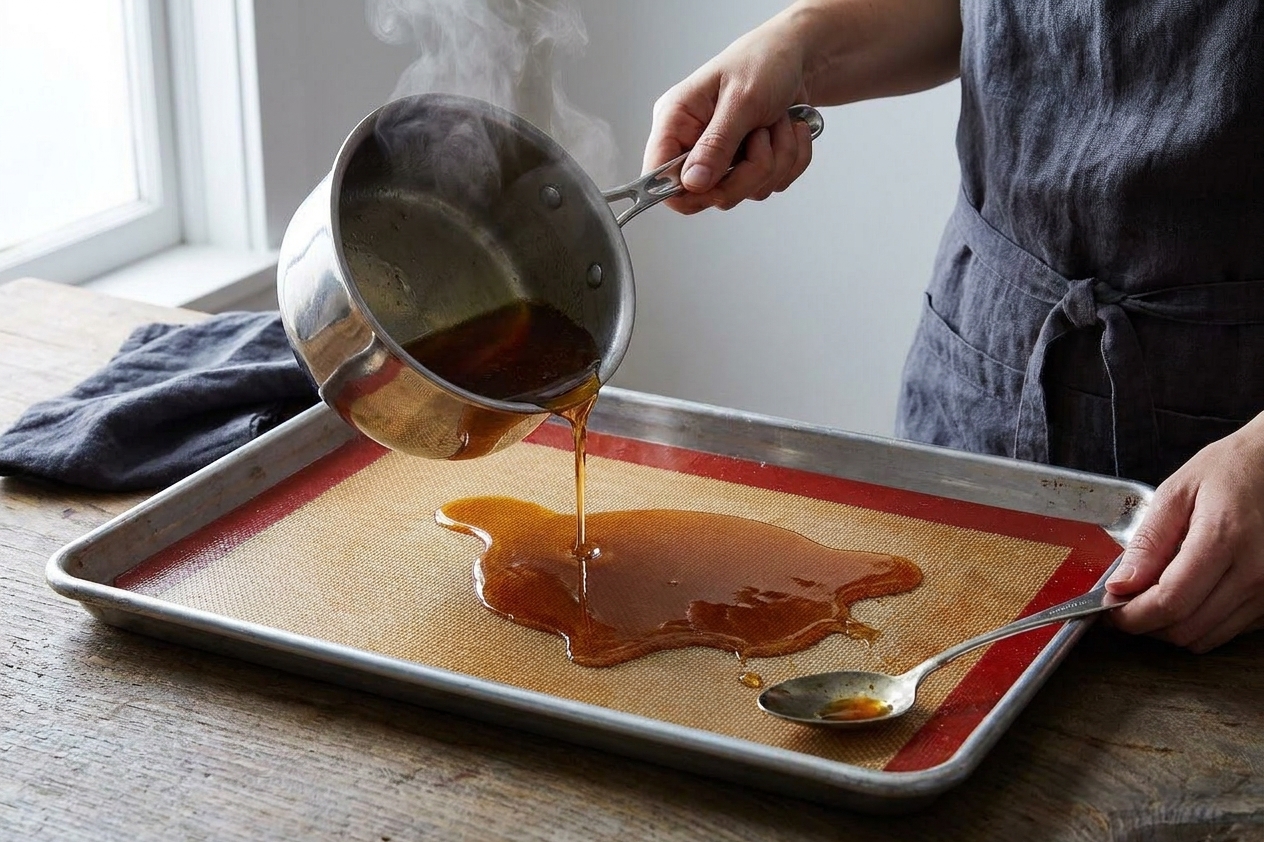 Hands pouring hot amber sugar syrup from a saucepan onto a lined baking sheet on a kitchen counter
