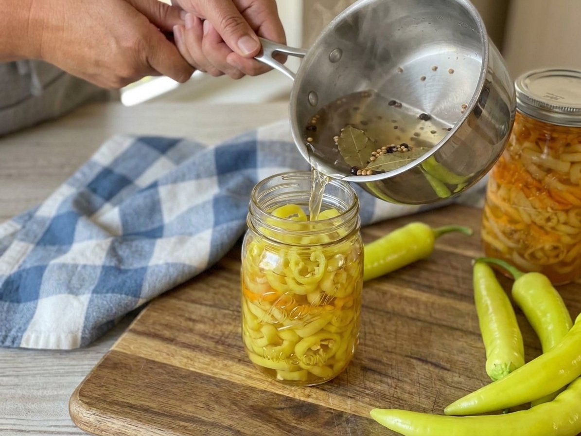 Hands pouring hot pickling brine into a glass jar packed with banana pepper rings on a kitchen counter