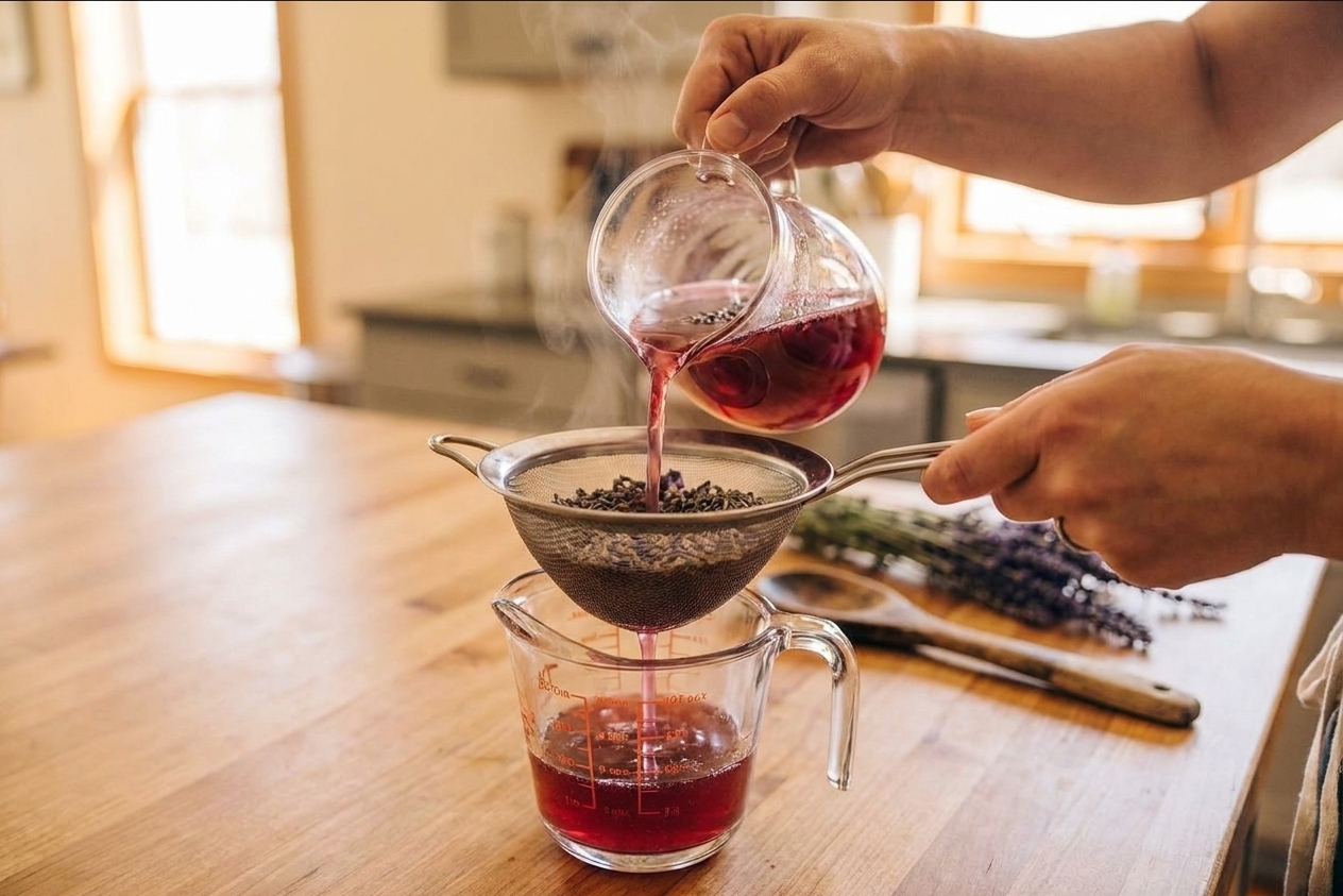 Hands pouring lavender syrup through a fine mesh strainer into a glass measuring cup on a light kitchen counter, natural window light