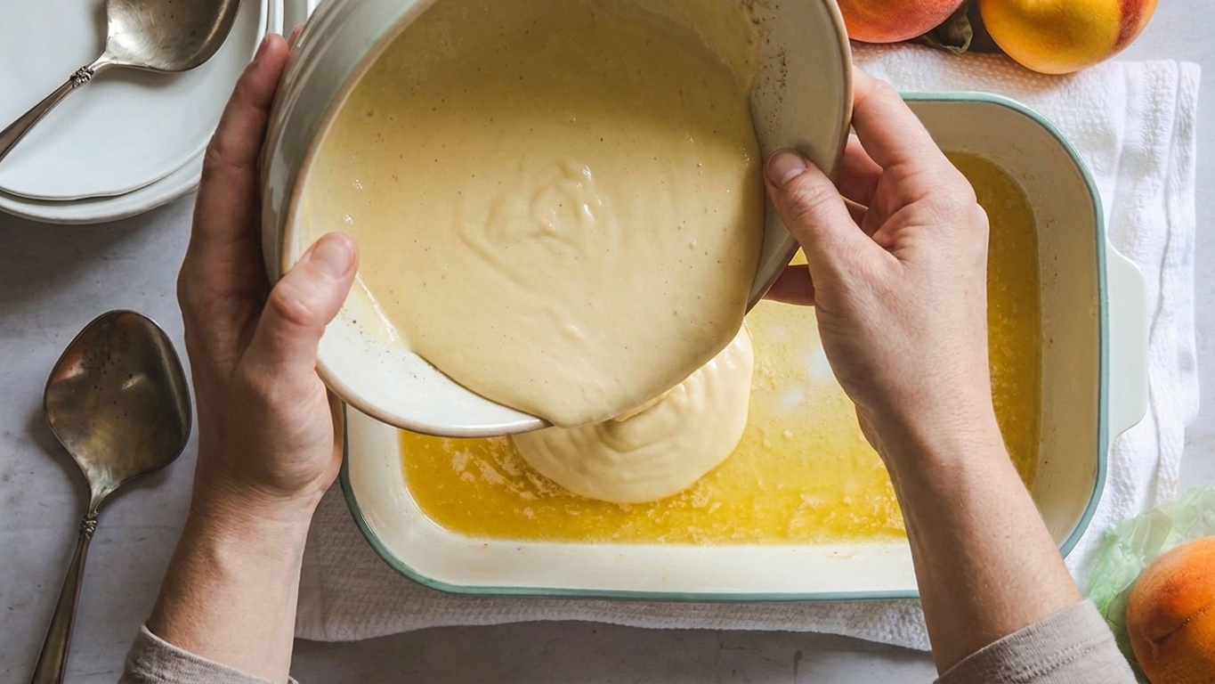 Hands pouring smooth cobbler batter into a buttered baking dish on a kitchen counter