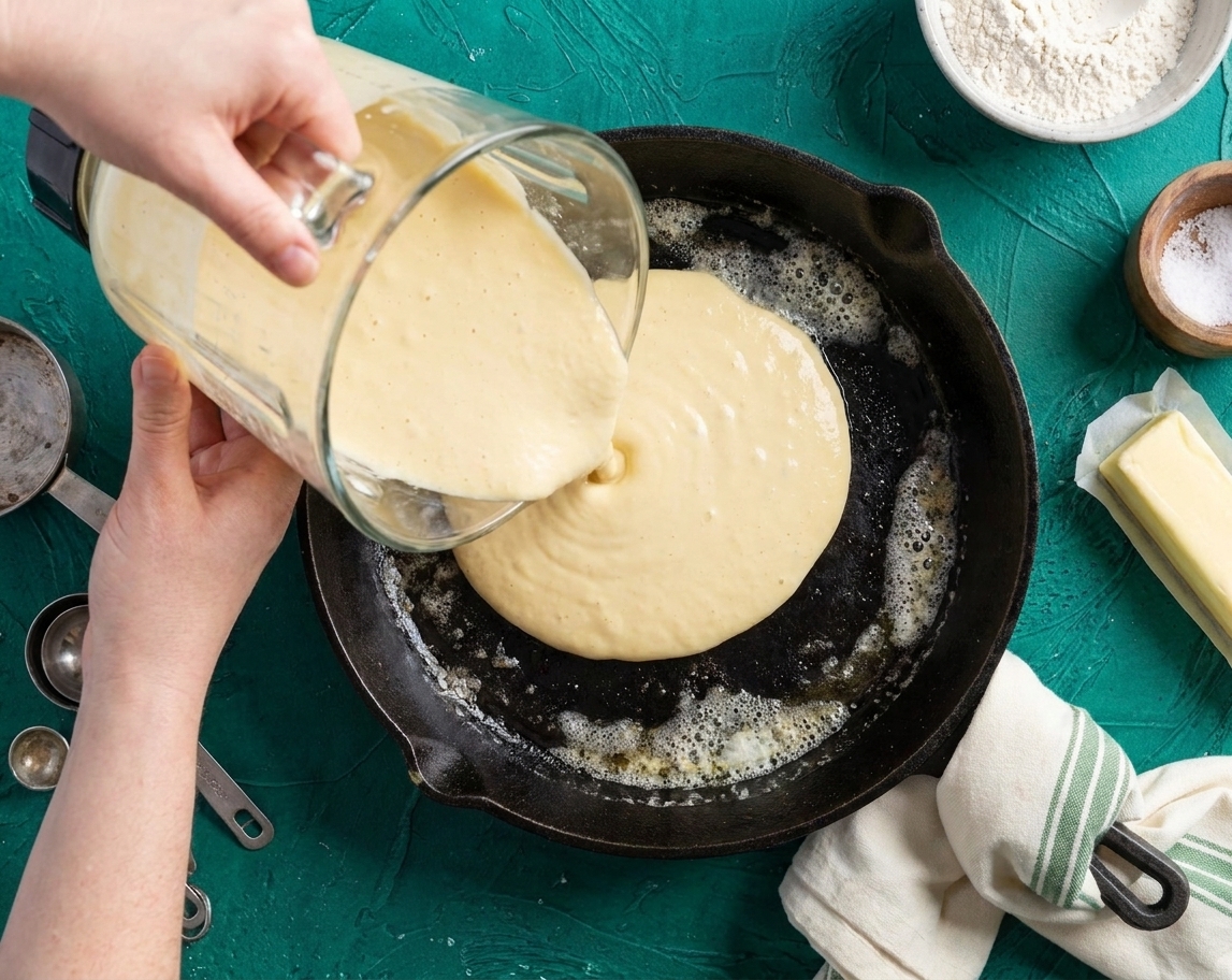 Hands pouring smooth pancake batter from a blender into a hot buttered cast iron skillet