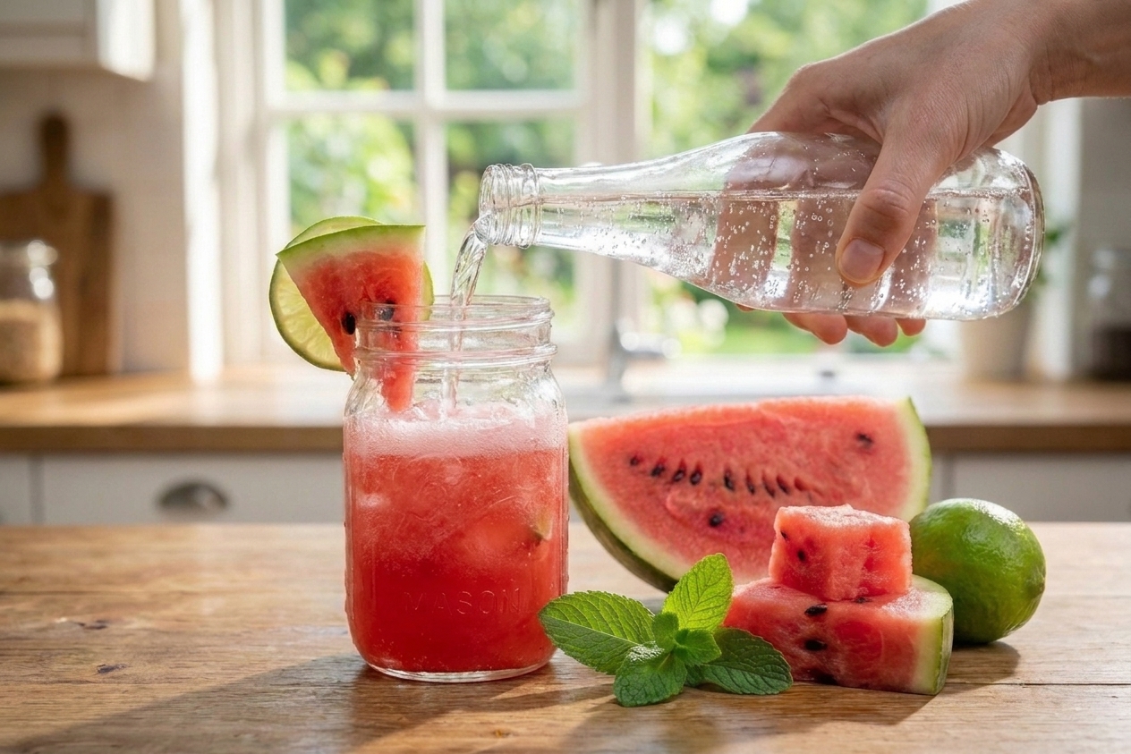 Hands pouring sparkling water into a glass of pink watermelon drink over ice on a kitchen counter