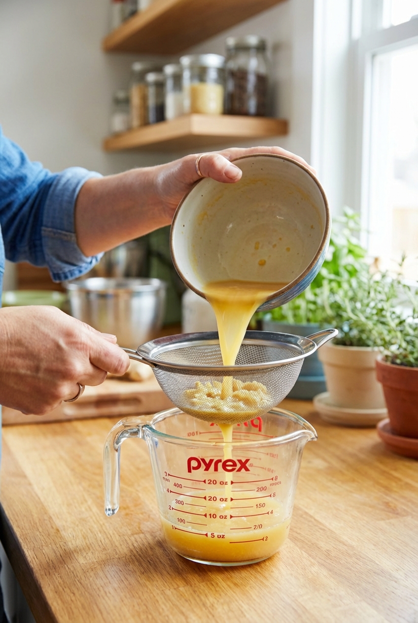 Hands pouring strained ginger juice through a fine mesh strainer into a glass measuring cup