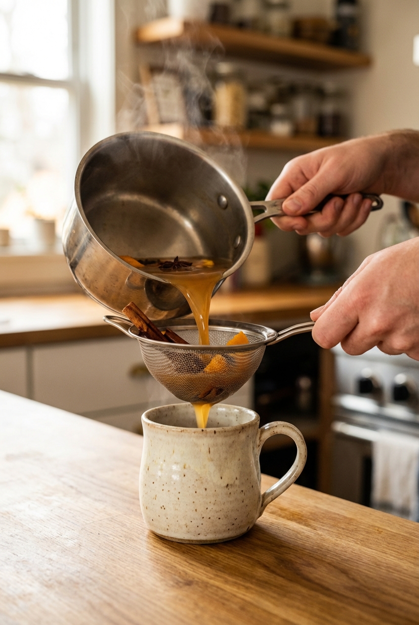 Hands pouring strained spiced cider through a fine mesh strainer into a ceramic mug
