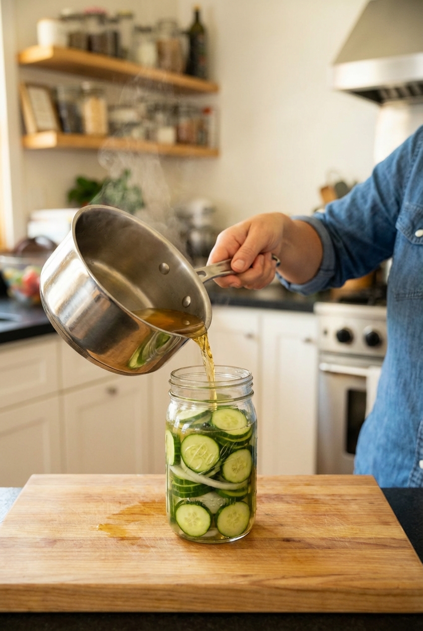 Hands pouring warm golden pickle brine from a small saucepan into a jar packed with cucumber slices and onions