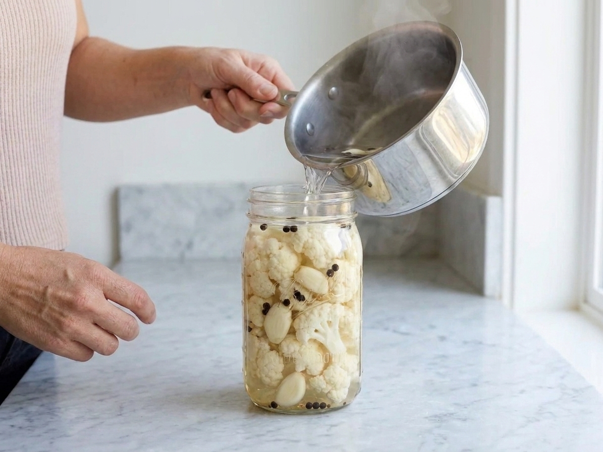 Hands pouring warm vinegar brine from a saucepan into a glass jar packed with cauliflower florets and garlic on a kitchen counter