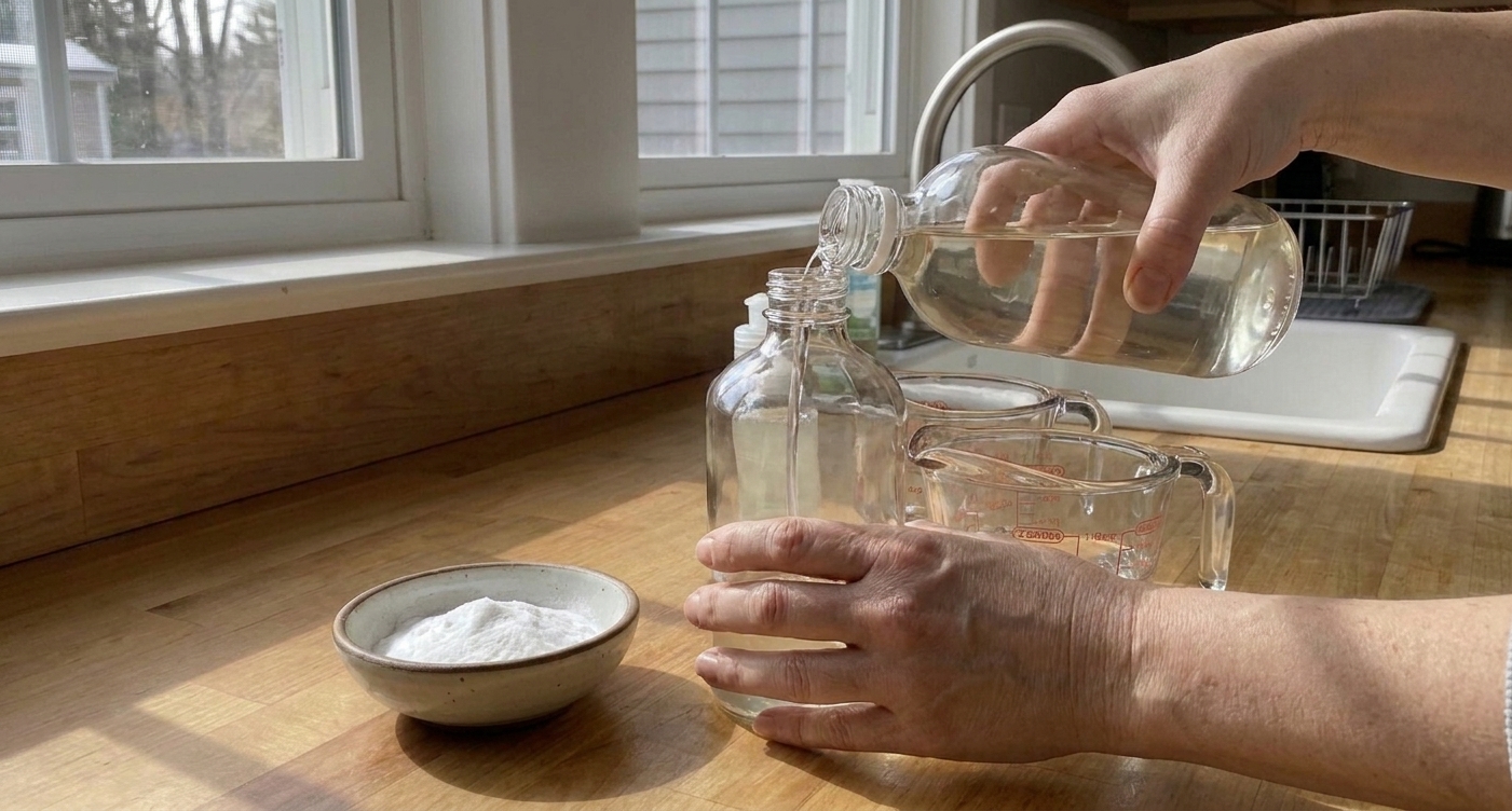 Hands pouring white vinegar into a clear spray bottle on a kitchen counter with measuring cups nearby, natural daylight