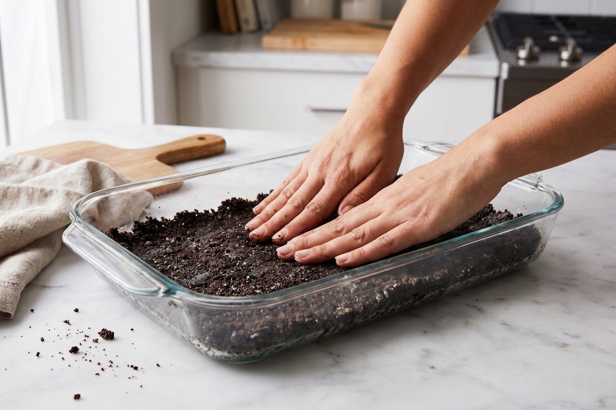 Hands pressing Oreo cookie crumbs mixed with butter into an even layer in a glass 9x13 baking dish on a kitchen counter