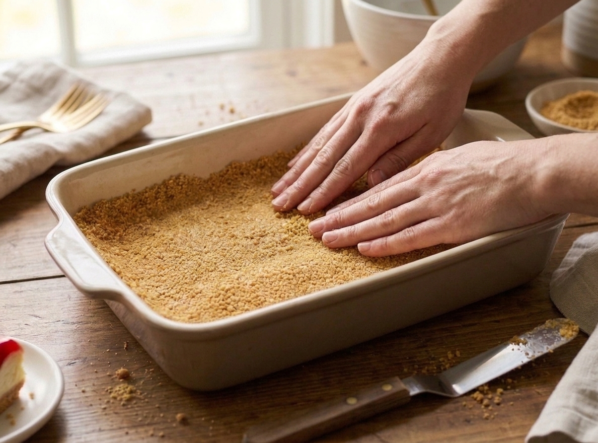 Hands pressing a buttery graham cracker crust into a 9x13 baking dish on a kitchen counter with a spatula nearby